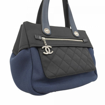 Chanel Tote Paris Biarritz Nylon Navy Black Silver Hardware Women's