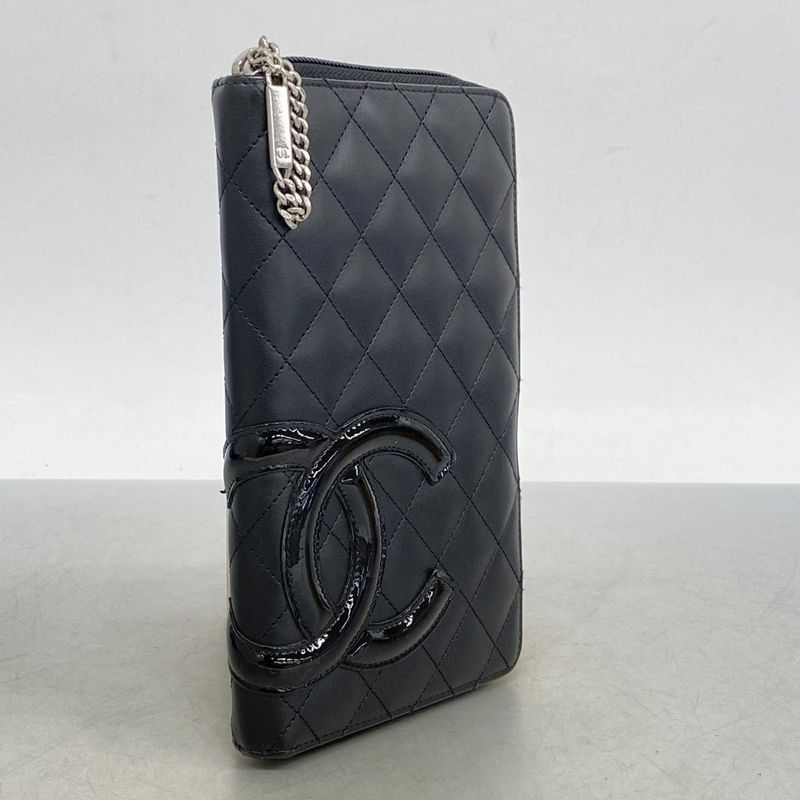 Chanel Long Wallet Cambon Lambskin Black Silver Hardware Women