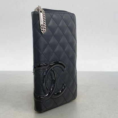Chanel Long Wallet Cambon Lambskin Black Silver Hardware Women