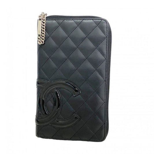 Chanel Long Wallet Cambon Lambskin Black Silver Hardware Women