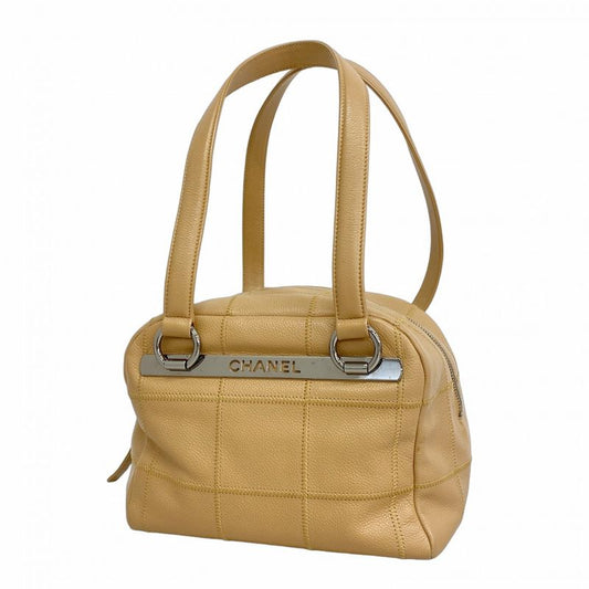 Chanel Shoulder Bag Choco Bar Caviar Skin Beige Silver Hardware Women