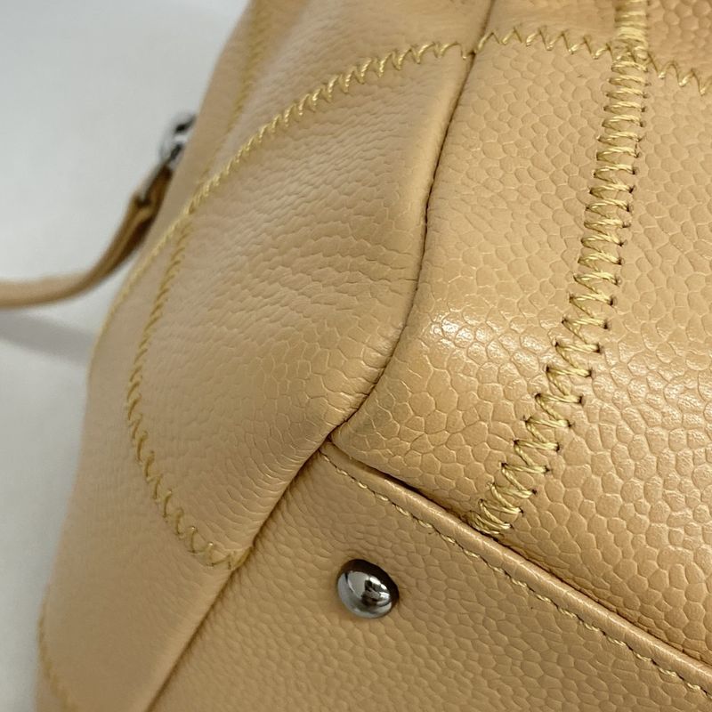 Chanel Shoulder Bag Choco Bar Caviar Skin Beige Silver Hardware Women