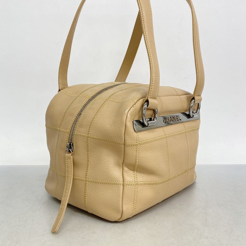 Chanel Shoulder Bag Choco Bar Caviar Skin Beige Silver Hardware Women