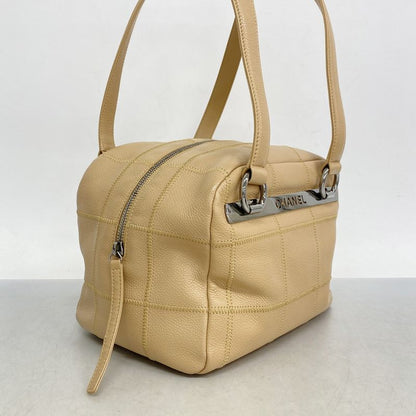 Chanel Shoulder Bag Choco Bar Caviar Skin Beige Silver Hardware Women