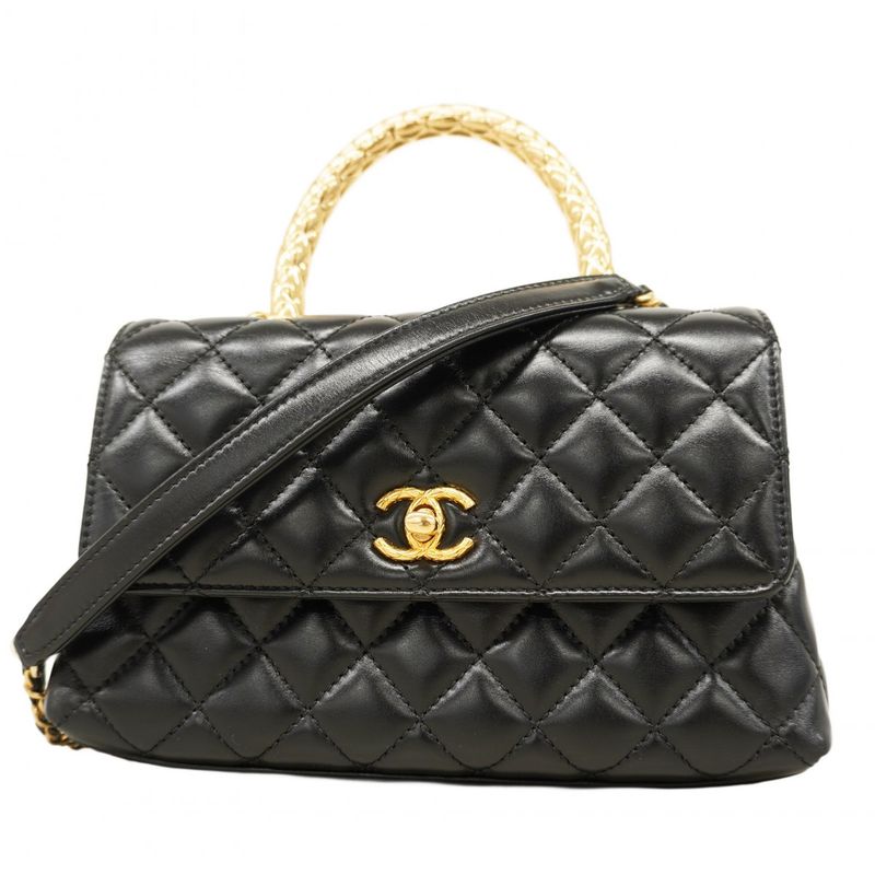 Chanel Handbag Matelasse Coco Handle Lambskin Black Gold Hardware 2way Bag