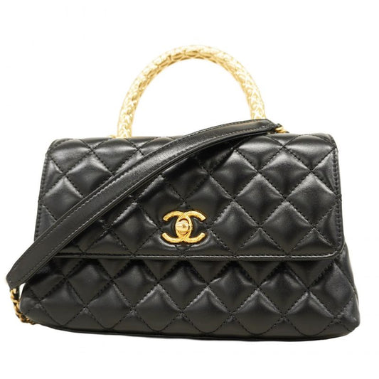 Chanel Handbag Matelasse Coco Handle Lambskin Black Gold Hardware 2way Bag