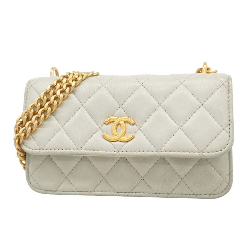 Chanel Shoulder Bag Matelasse Lambskin Light Grey Gold Hardware Women