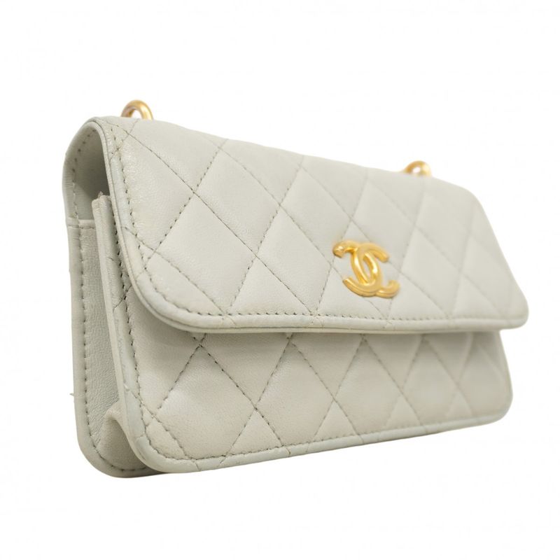 Chanel Shoulder Bag Matelasse Lambskin Light Grey Gold Hardware Women