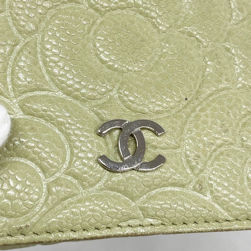 Chanel Trifold Wallet Camellia Caviar Skin Green Silver Hardware Women