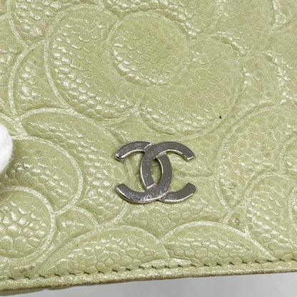 Chanel Trifold Wallet Camellia Caviar Skin Green Silver Hardware Women