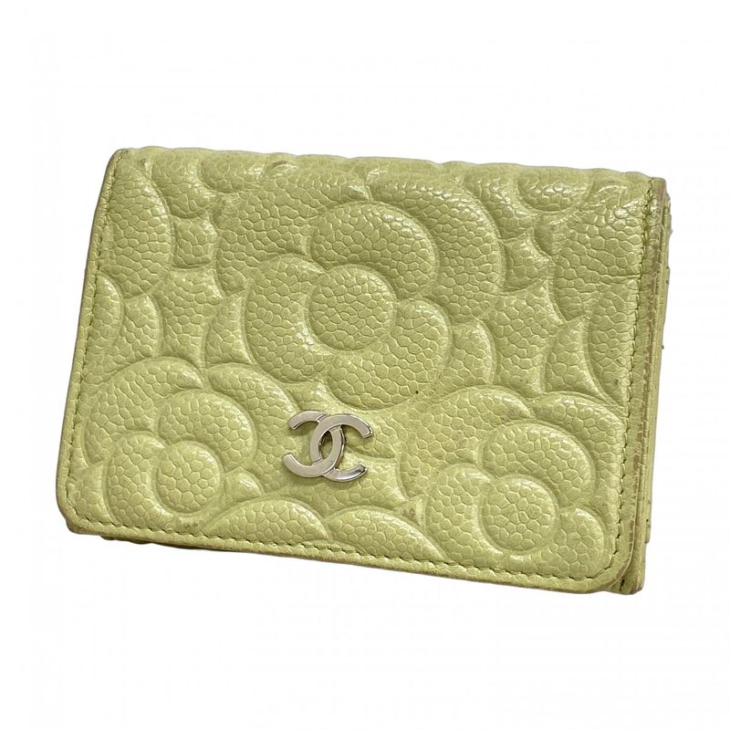 Chanel Trifold Wallet Camellia Caviar Skin Green Silver Hardware Women