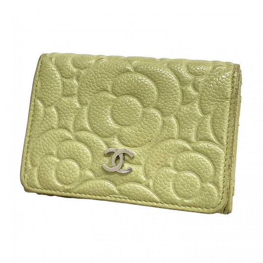 Chanel Trifold Wallet Camellia Caviar Skin Green Silver Hardware Women