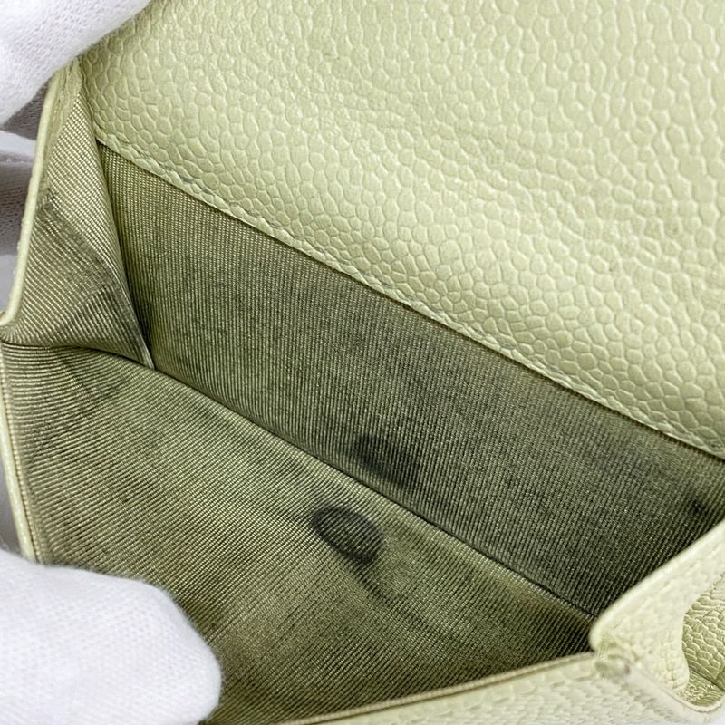 Chanel Trifold Wallet Camellia Caviar Skin Green Silver Hardware Women