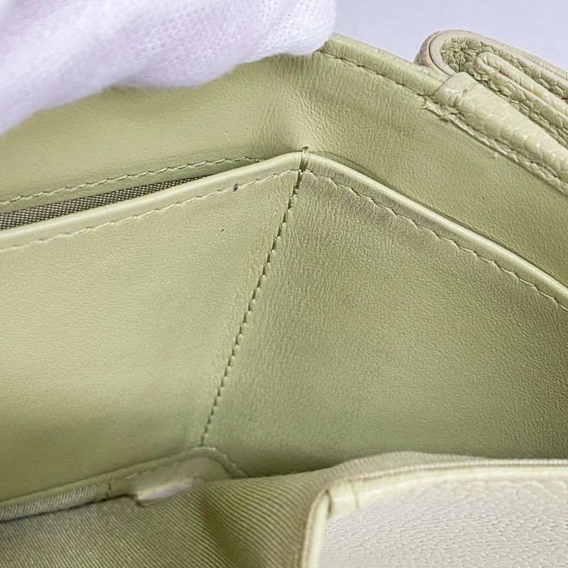 Chanel Trifold Wallet Camellia Caviar Skin Green Silver Hardware Women