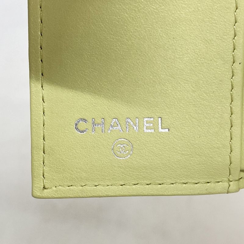 Chanel Trifold Wallet Camellia Caviar Skin Green Silver Hardware Women