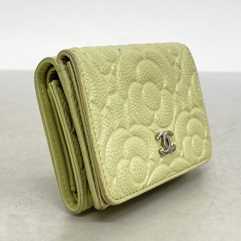 Chanel Trifold Wallet Camellia Caviar Skin Green Silver Hardware Women