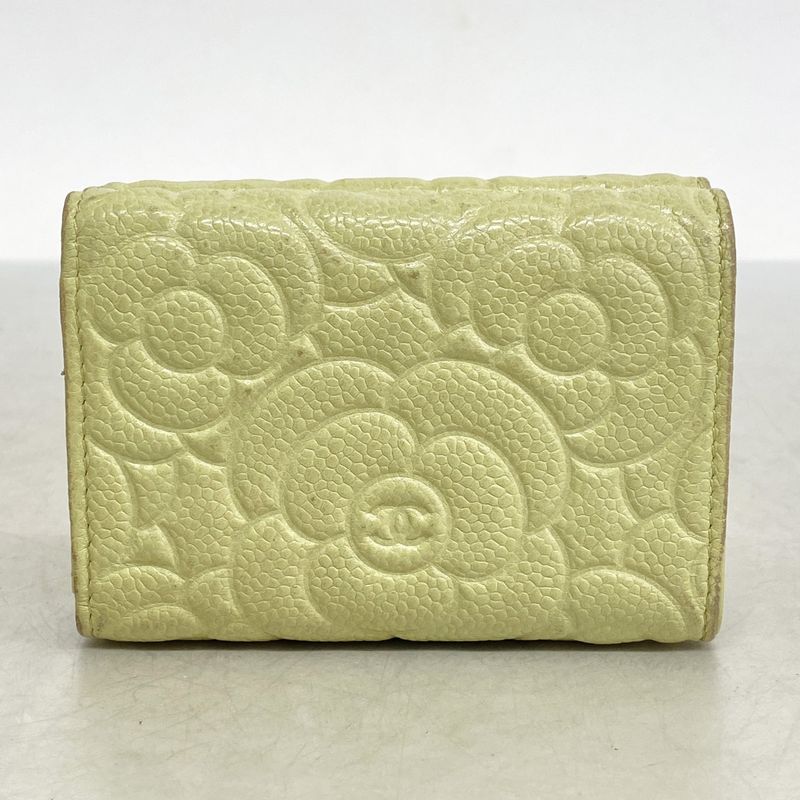 Chanel Trifold Wallet Camellia Caviar Skin Green Silver Hardware Women
