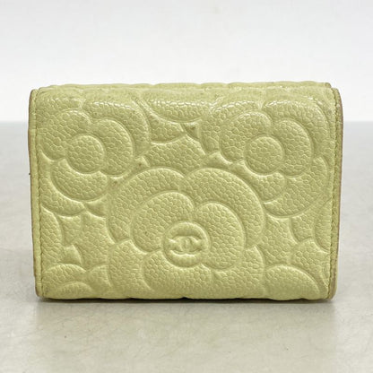 Chanel Trifold Wallet Camellia Caviar Skin Green Silver Hardware Women