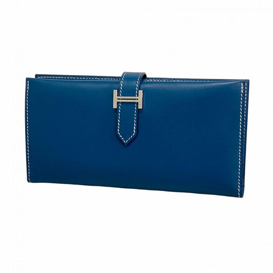 Hermes Long Wallet Bearn Classic Box Calf Blue Thalassa Silver Hardware □H