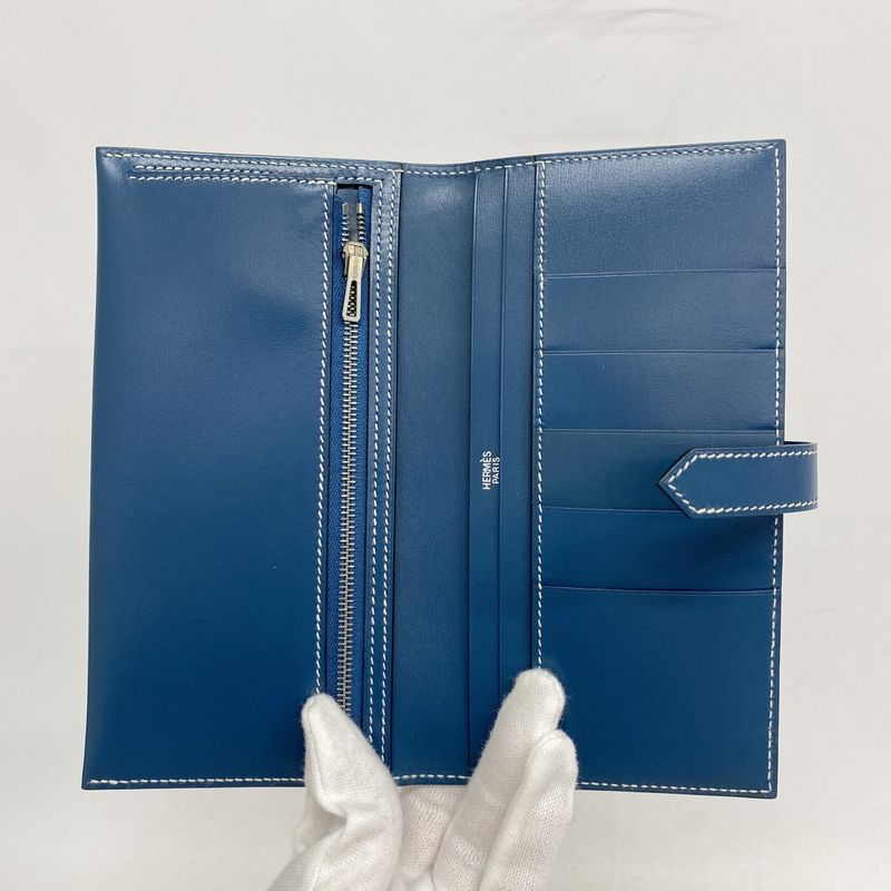 Hermes Long Wallet Bearn Classic Box Calf Blue Thalassa Silver Hardware □H