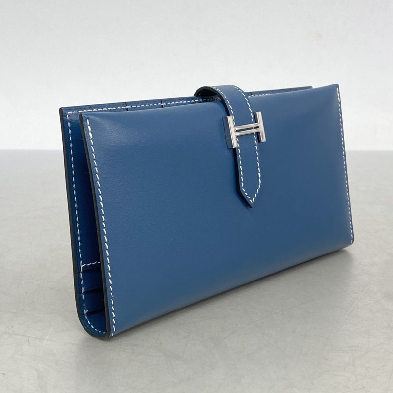 Hermes Long Wallet Bearn Classic Box Calf Blue Thalassa Silver Hardware □H
