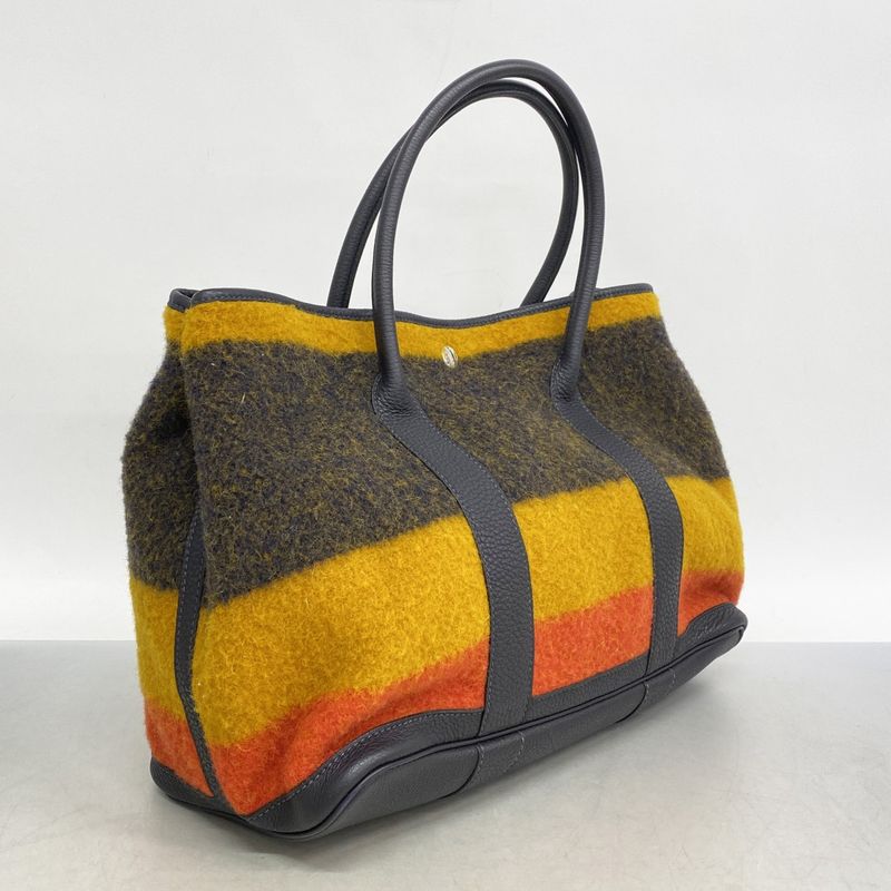 Hermes Tote Bag Garden Party Lo Cabas Hall PM Wool Yellow Orange Navy Silver