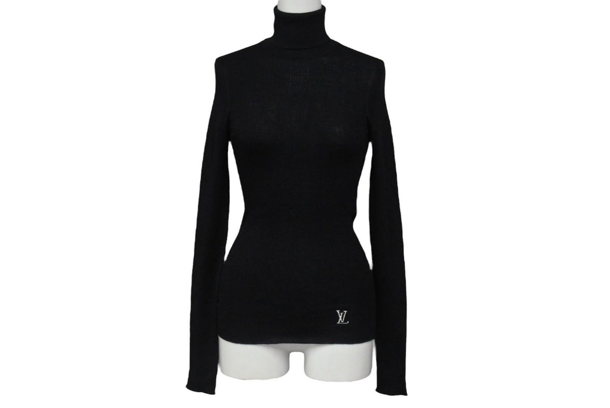 Louis Vuitton Long Sleeve Knit Sweater Wool Silk Black Logo XS