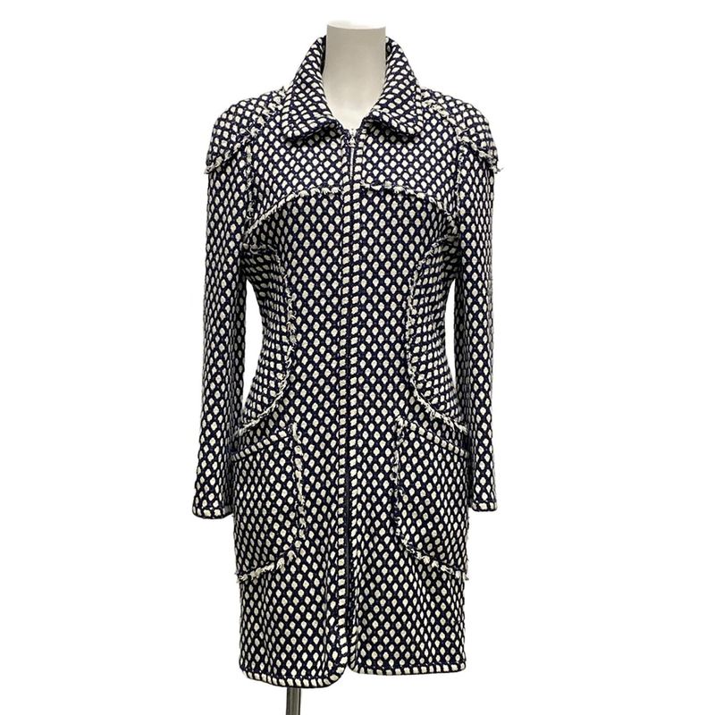Chanel Coat Size 38 M Women's P32956 Dark Navy and Ivory Tweed Zip Up Spring/fal