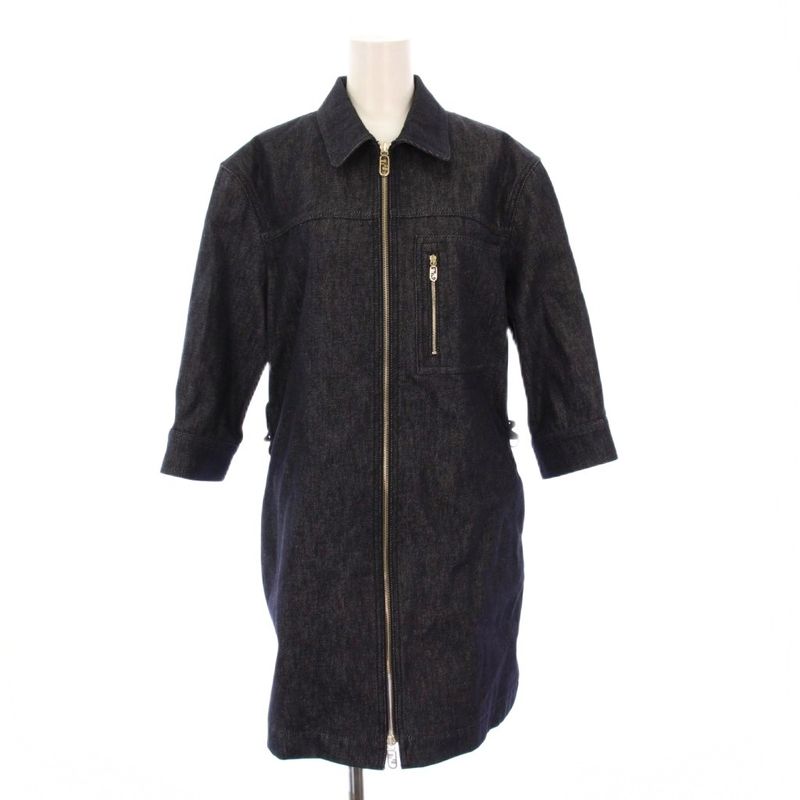 Fendi 23rd Denim Dress 3/4 Length Sleeves Knee Length Pleats Cut 42 Navy Blue