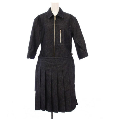 Fendi 23rd Denim Dress 3/4 Length Sleeves Knee Length Pleats Cut 42 Navy Blue
