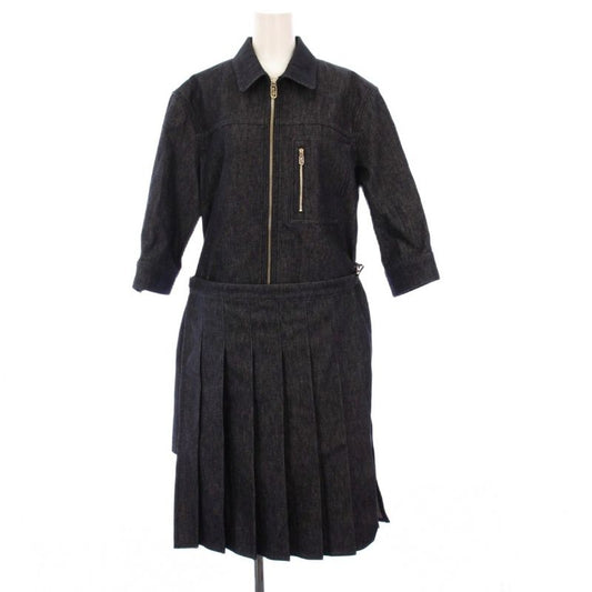 Fendi 23rd Denim Dress 3/4 Length Sleeves Knee Length Pleats Cut 42 Navy Blue