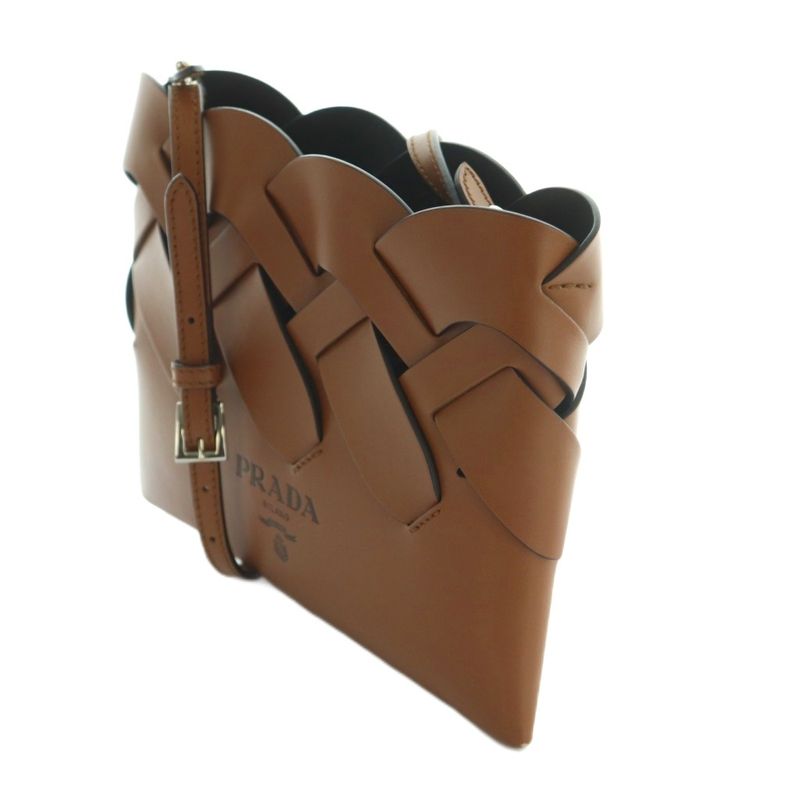 Prada Tres Braided Mini Shoulder Bag Square Leather Brown AQ-OS-OH