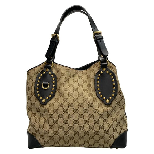 Gucci Tote Bag GG Pattern 296874 Beige Dark Brown and Black Studs Leather