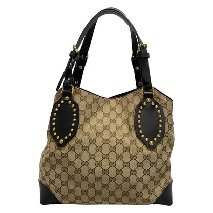 Gucci Tote Bag GG Pattern 296874 Beige Dark Brown and Black Studs Leather