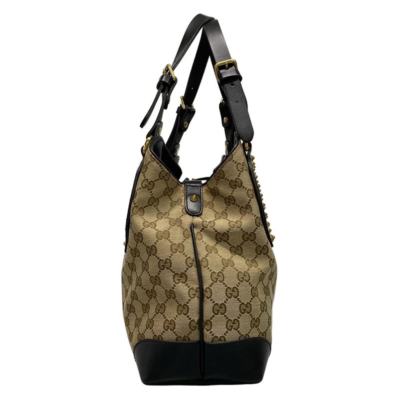 Gucci Tote Bag GG Pattern 296874 Beige Dark Brown and Black Studs Leather