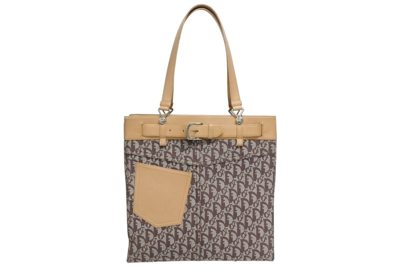 Dior Trotter Tote Bag Canvas Leather Brown Silver
