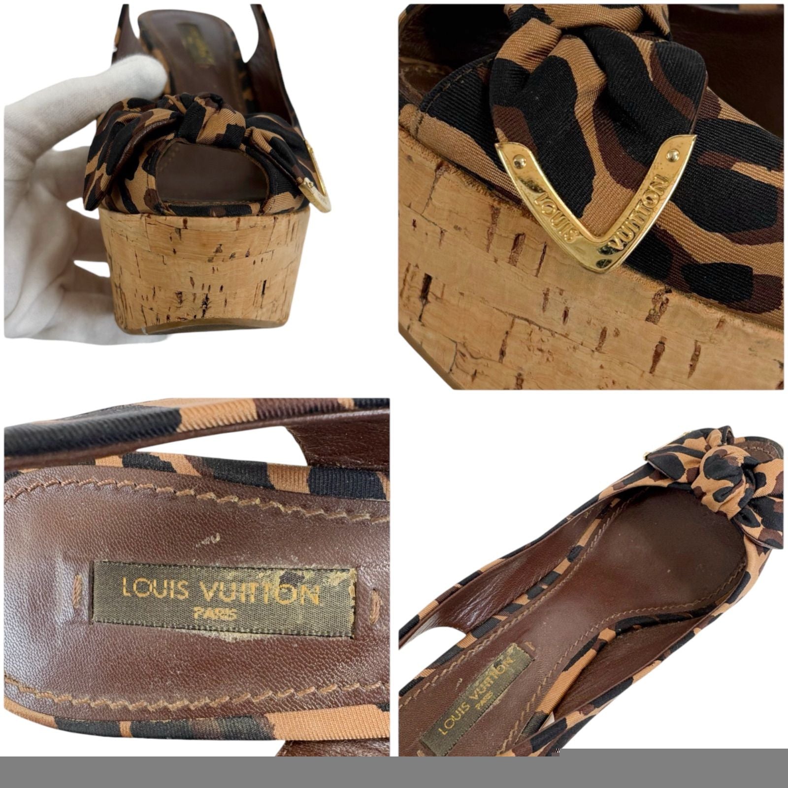 Louis Vuitton Leopard Vedge Sole Sandals High Heels Ribbon 36