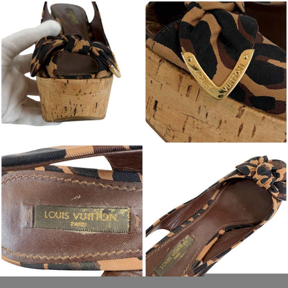 Louis Vuitton Leopard Vedge Sole Sandals High Heels Ribbon 36