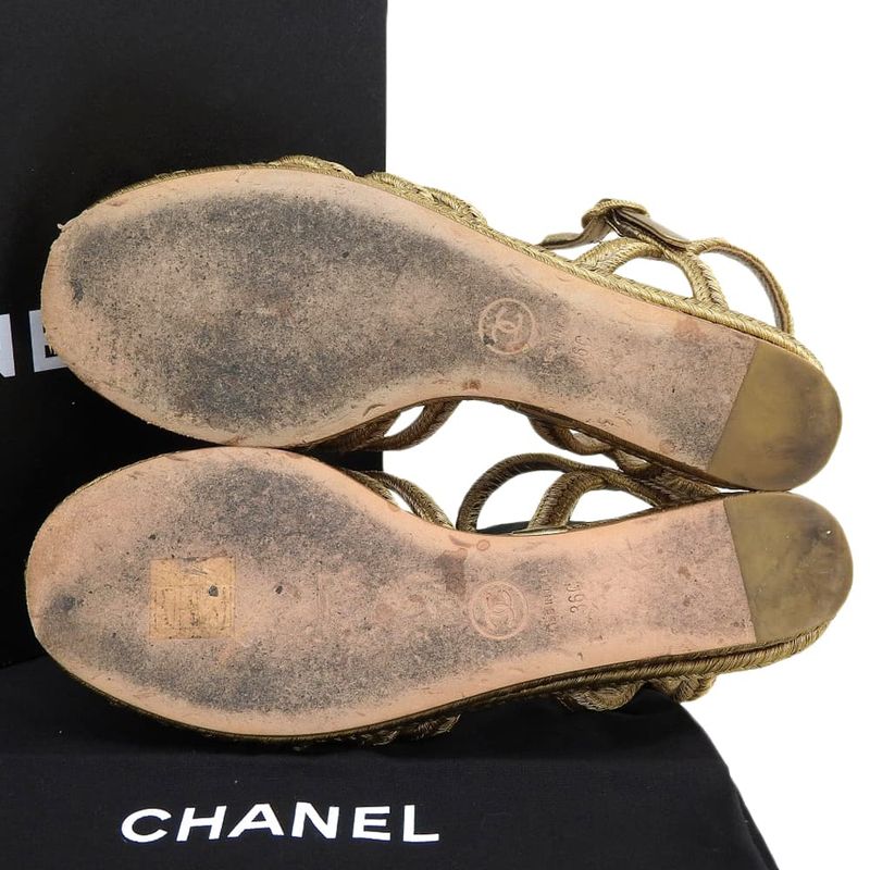 Chanel Metal Coco Mark Braided Wedge Sole Sandals Espadrilles Women's Gold 36c