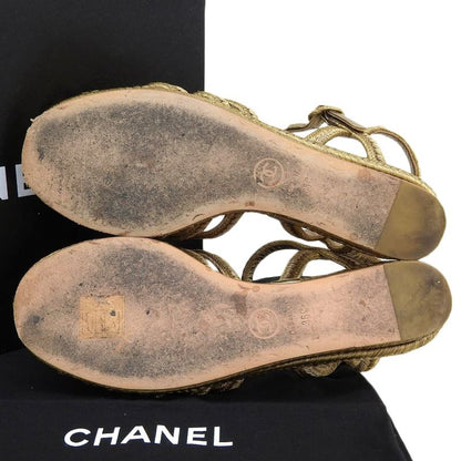 Chanel Metal Coco Mark Braided Wedge Sole Sandals Espadrilles Women's Gold 36c