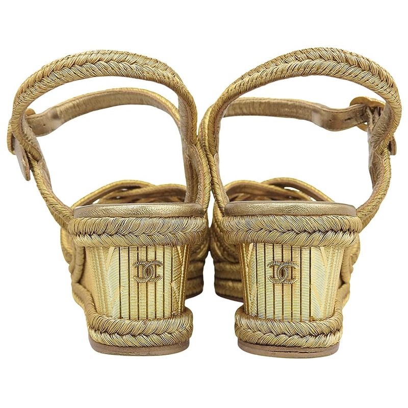 Chanel Metal Coco Mark Braided Wedge Sole Sandals Espadrilles Women's Gold 36c