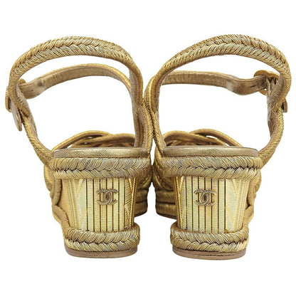 Chanel Metal Coco Mark Braided Wedge Sole Sandals Espadrilles Women's Gold 36c