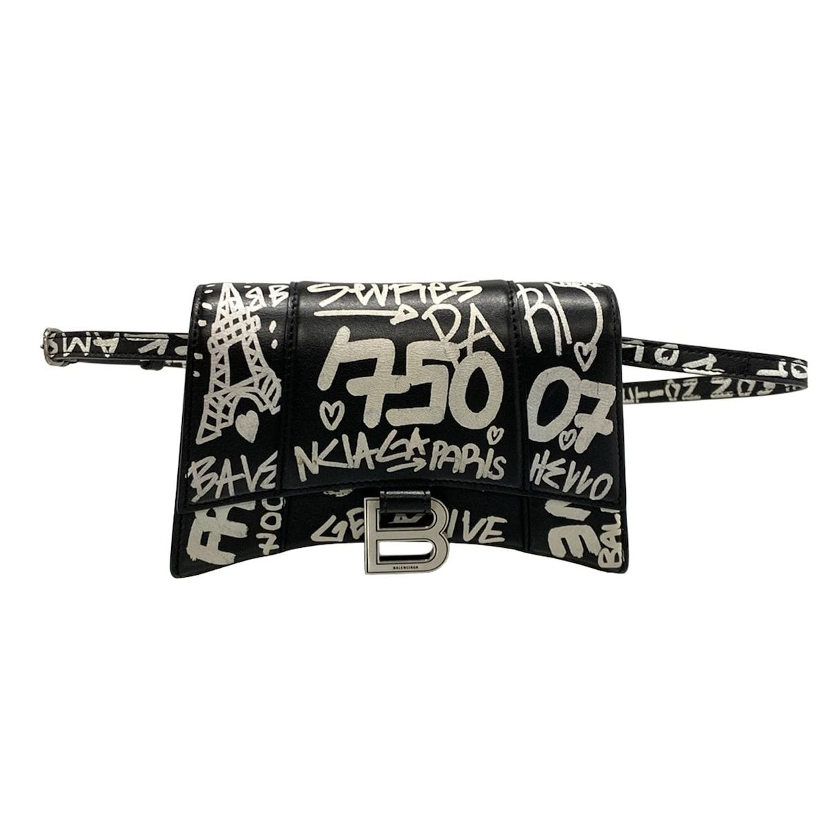 Balenciaga Waist Pouch Hour Glass 610460 Black X White Mini Bag/graffiti Leather