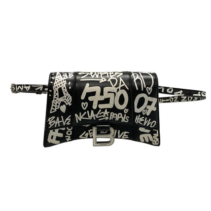 Balenciaga Waist Pouch Hour Glass 610460 Black X White Mini Bag/graffiti Leather