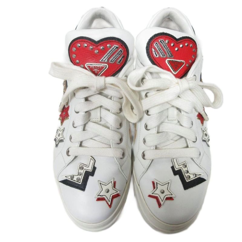 Prada 1e319l Heart Wappen Studded Sneakers Low Cut Leather 36.5 White - Mnk3