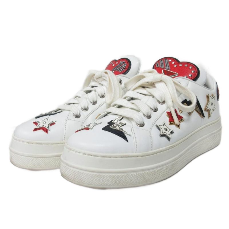 Prada 1e319l Heart Wappen Studded Sneakers Low Cut Leather 36.5 White - Mnk3