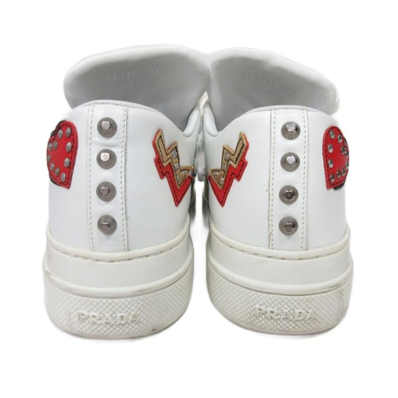 Prada 1e319l Heart Wappen Studded Sneakers Low Cut Leather 36.5 White - Mnk3