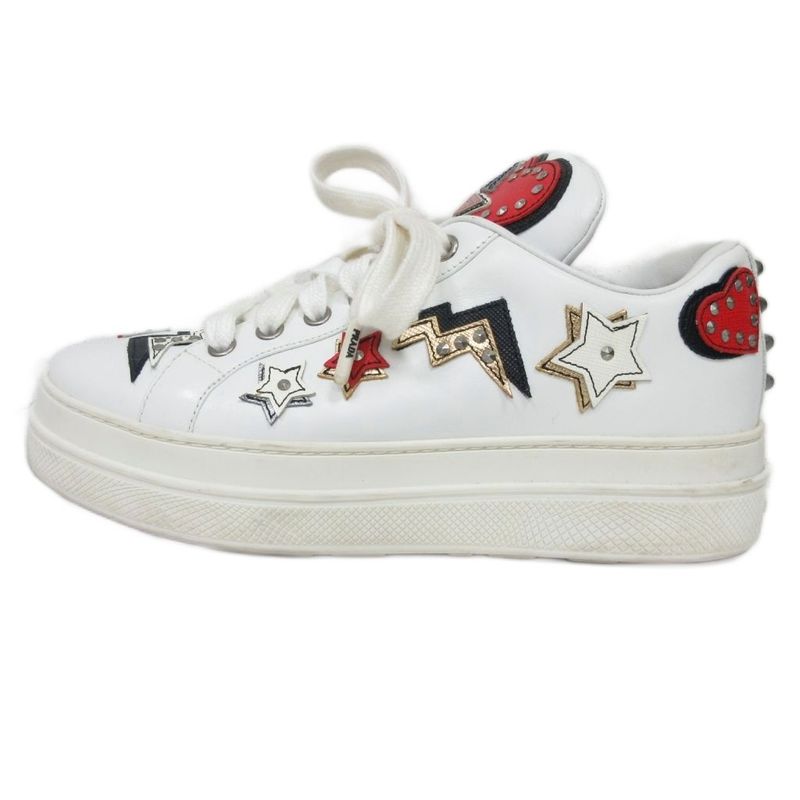 Prada 1e319l Heart Wappen Studded Sneakers Low Cut Leather 36.5 White - Mnk3