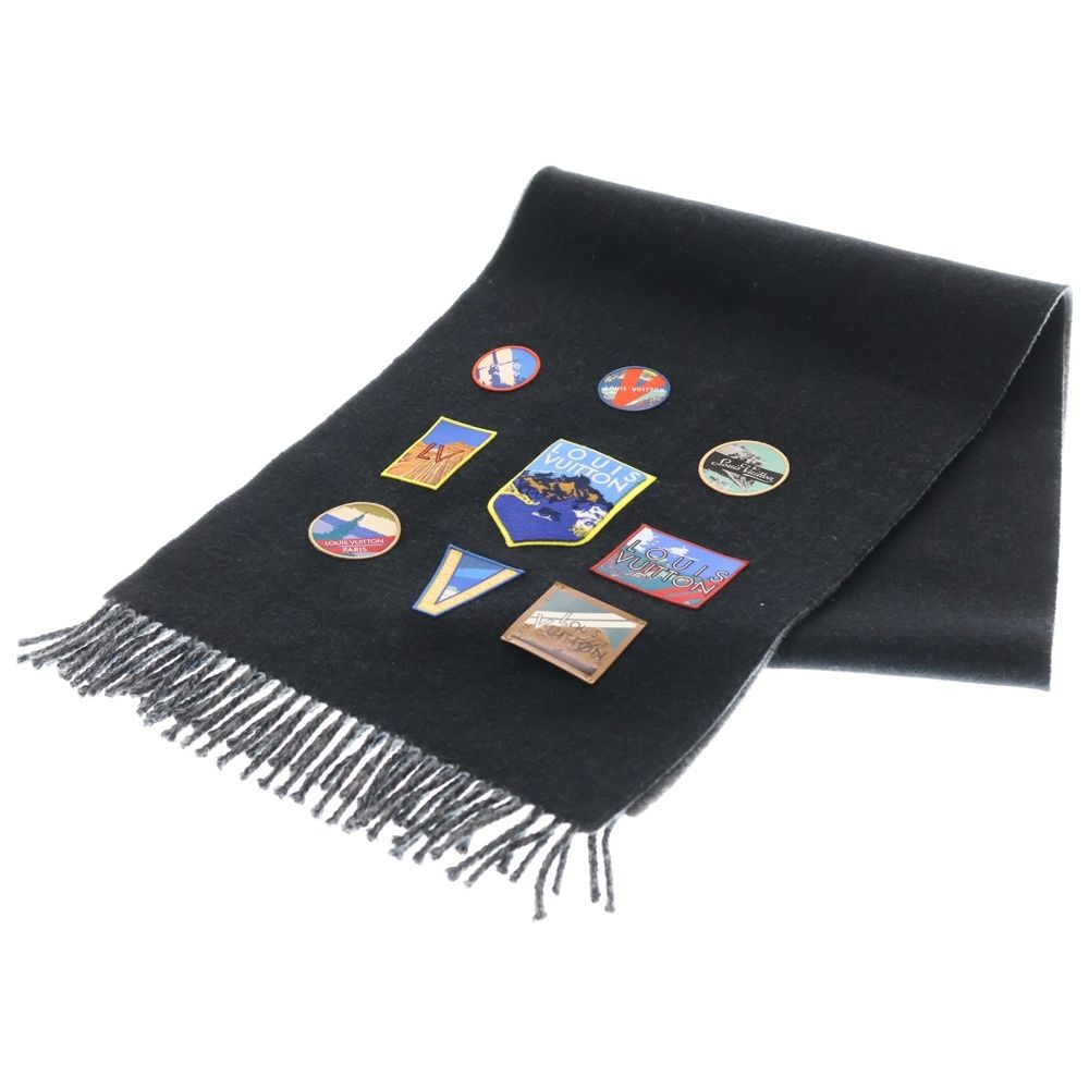 Louis Vuitton Escharp City Alps Logo Patch Fringe Muffler Stole Black