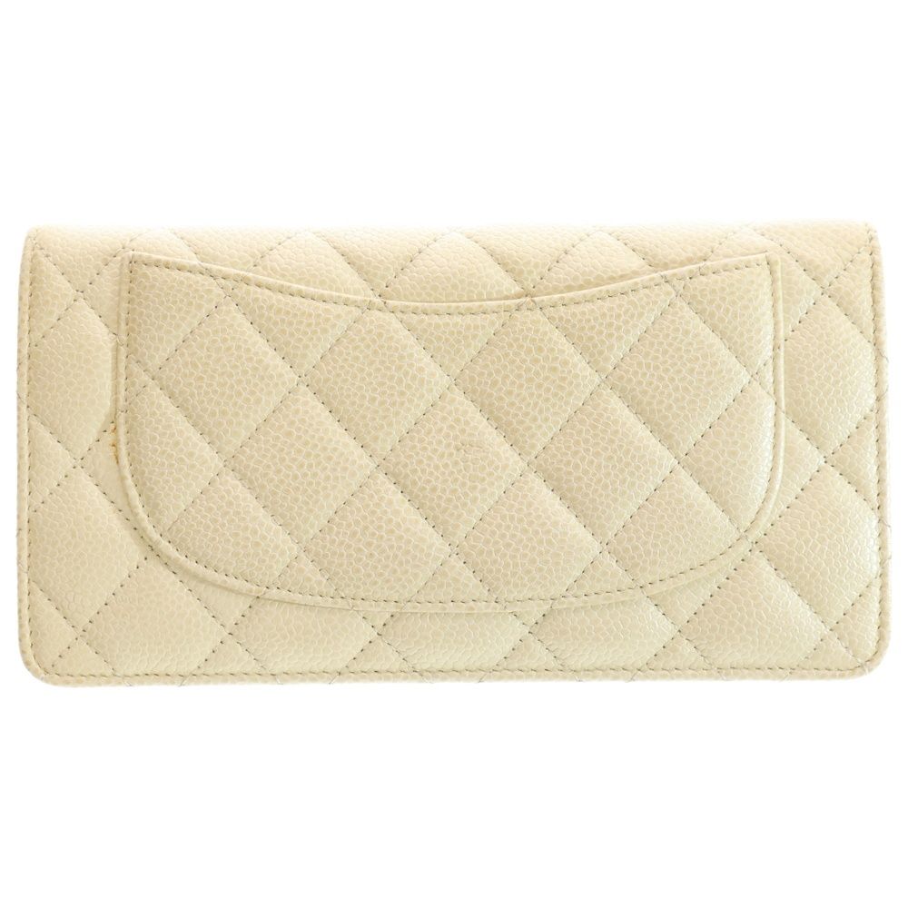 Chanel Flap Long Wallet Long Wallet Card Case Ivory White Caviar Skin Silver
